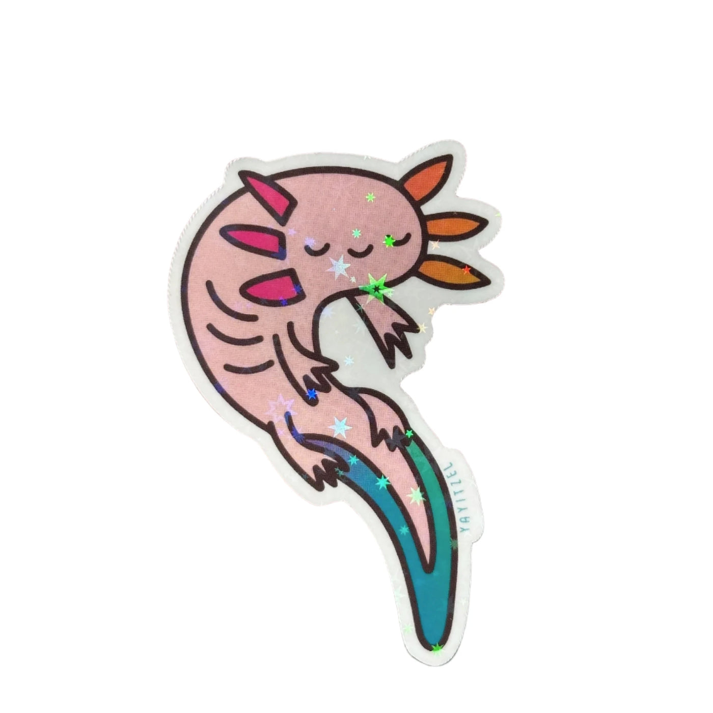 A pastel pink axolotl sticker with colorful orange and pink gills, a teal tail, and holographic star accents, adding a sparkly, playful touch.