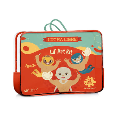 Lil' Lucha Libre Art Kit for kids ages 3 and up, featuring 26 pieces. The carrying case shows playful illustrations of masked lucha libre wrestlers holding paint palettes, designed for creative fun and cultural exploration.