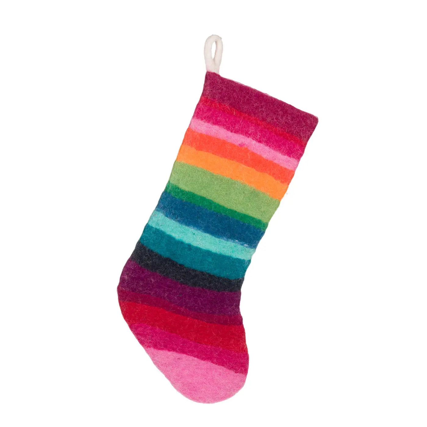 Holiday stocking made from felt in vibrant rainbow-colored horizontal stripes, featuring a white loop for hanging