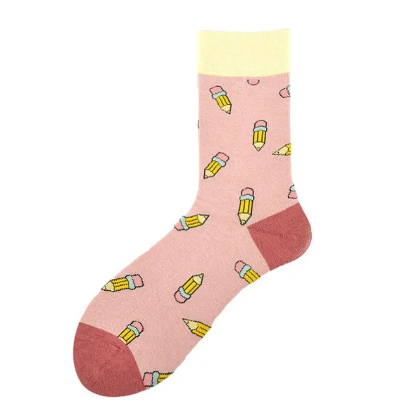 One pink sock with images of pencils and features a yellow band on the top