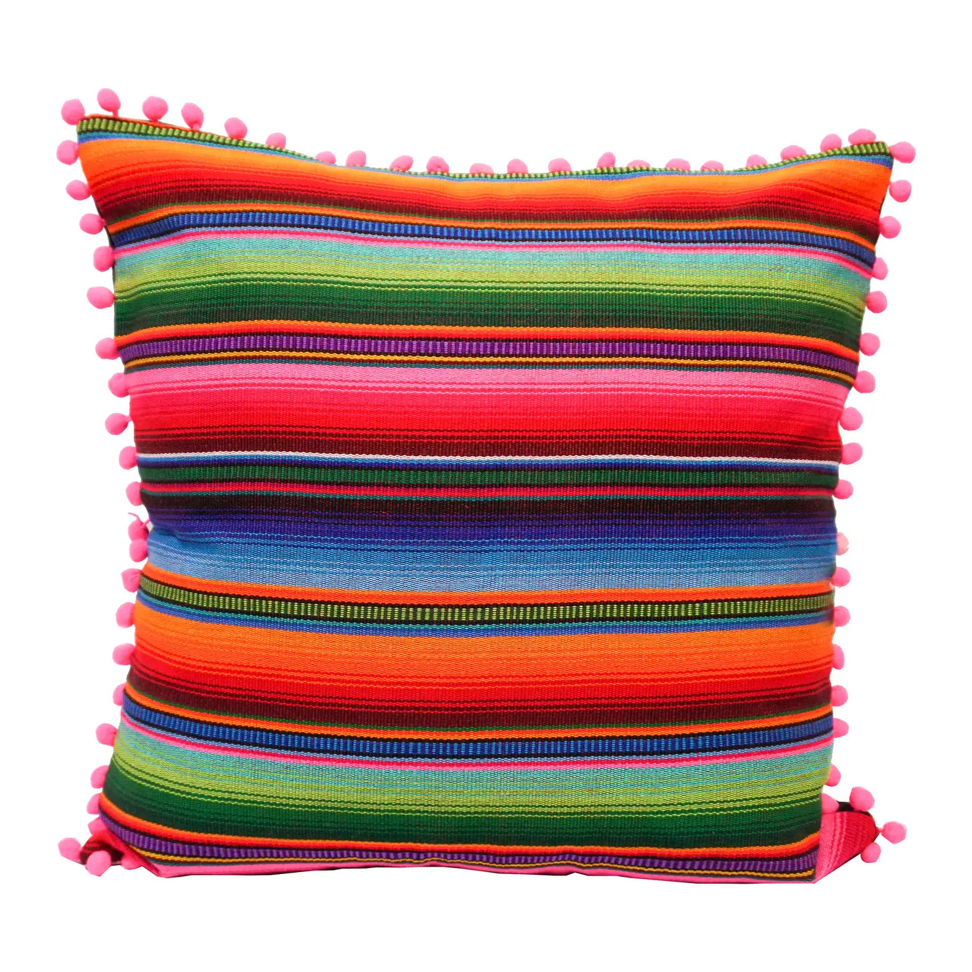 square serape striped pillow featuring a pink pom pom trim