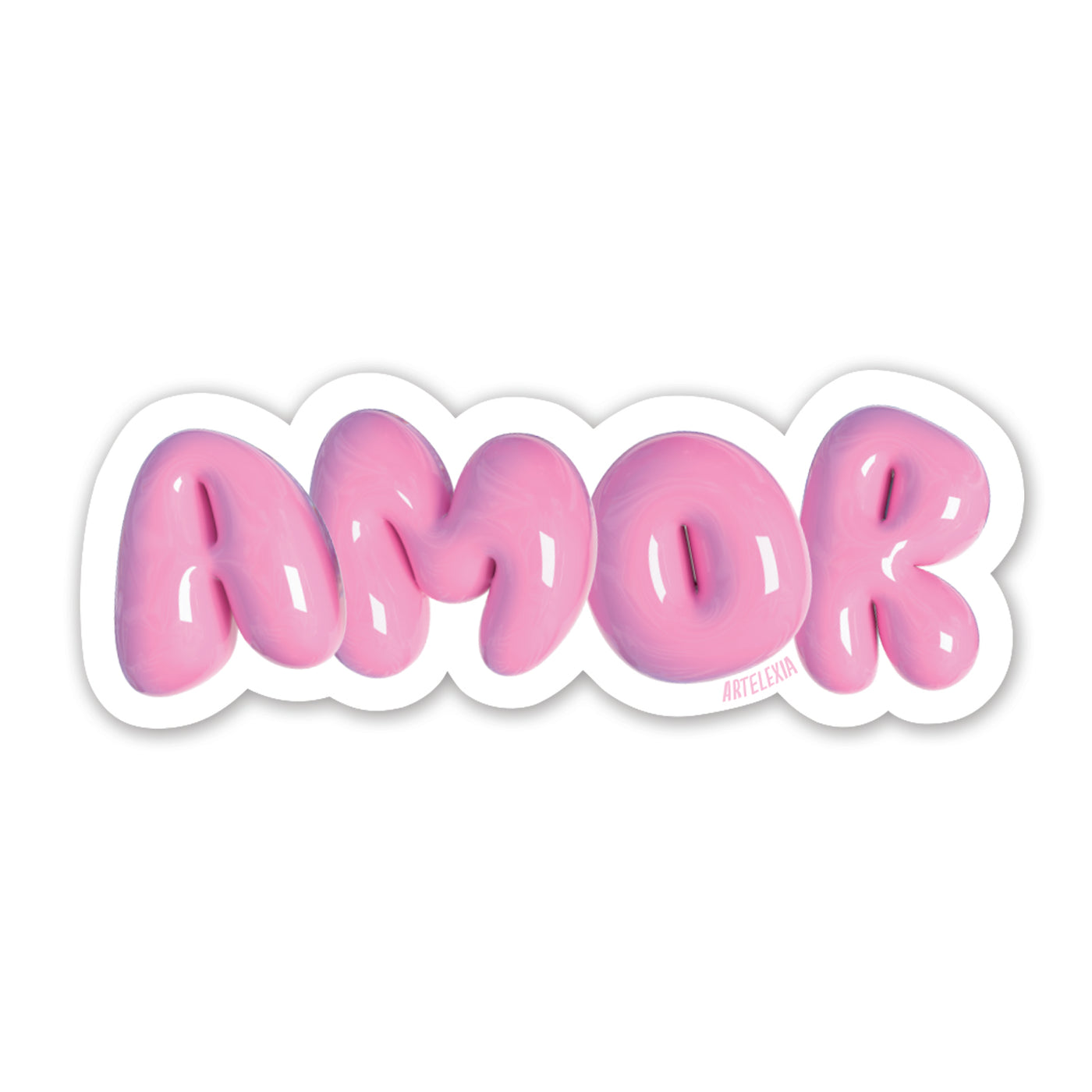 The word AMOR in pink balloon shapes.