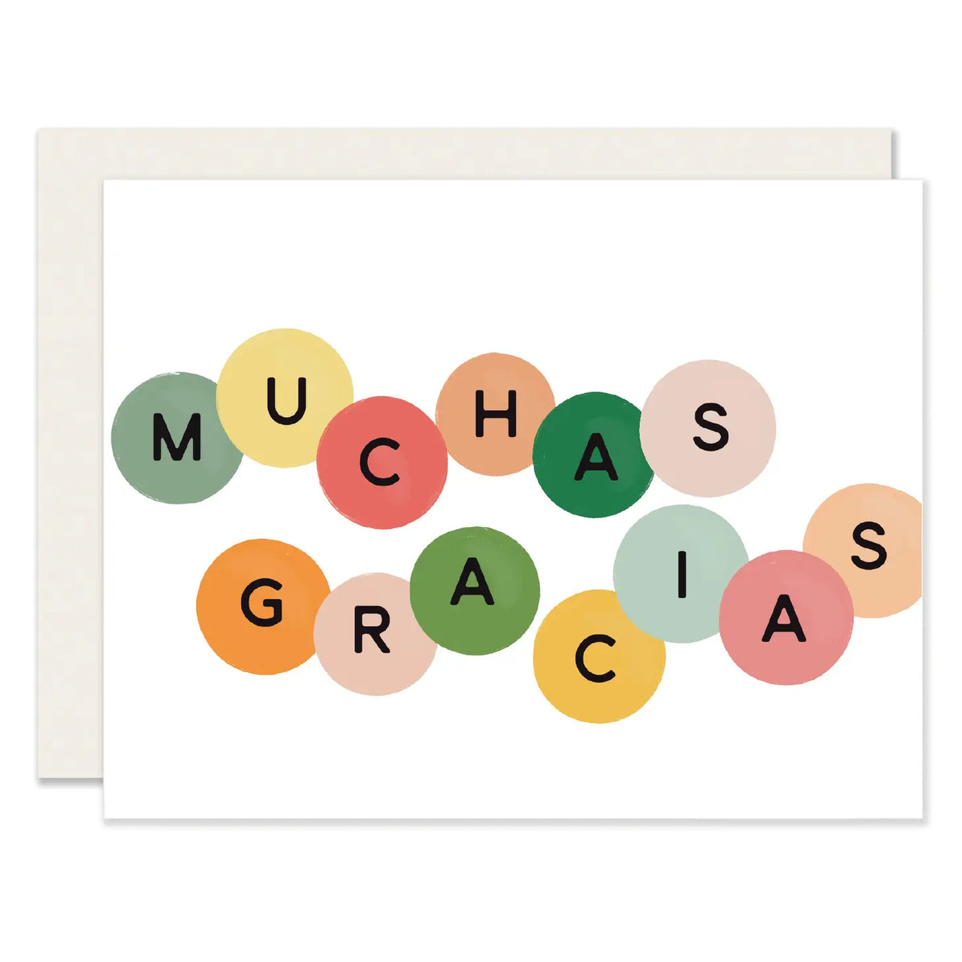 Greeting card reads Muchas Gracias, English translation is Thank you, in a colorful circle illustration.