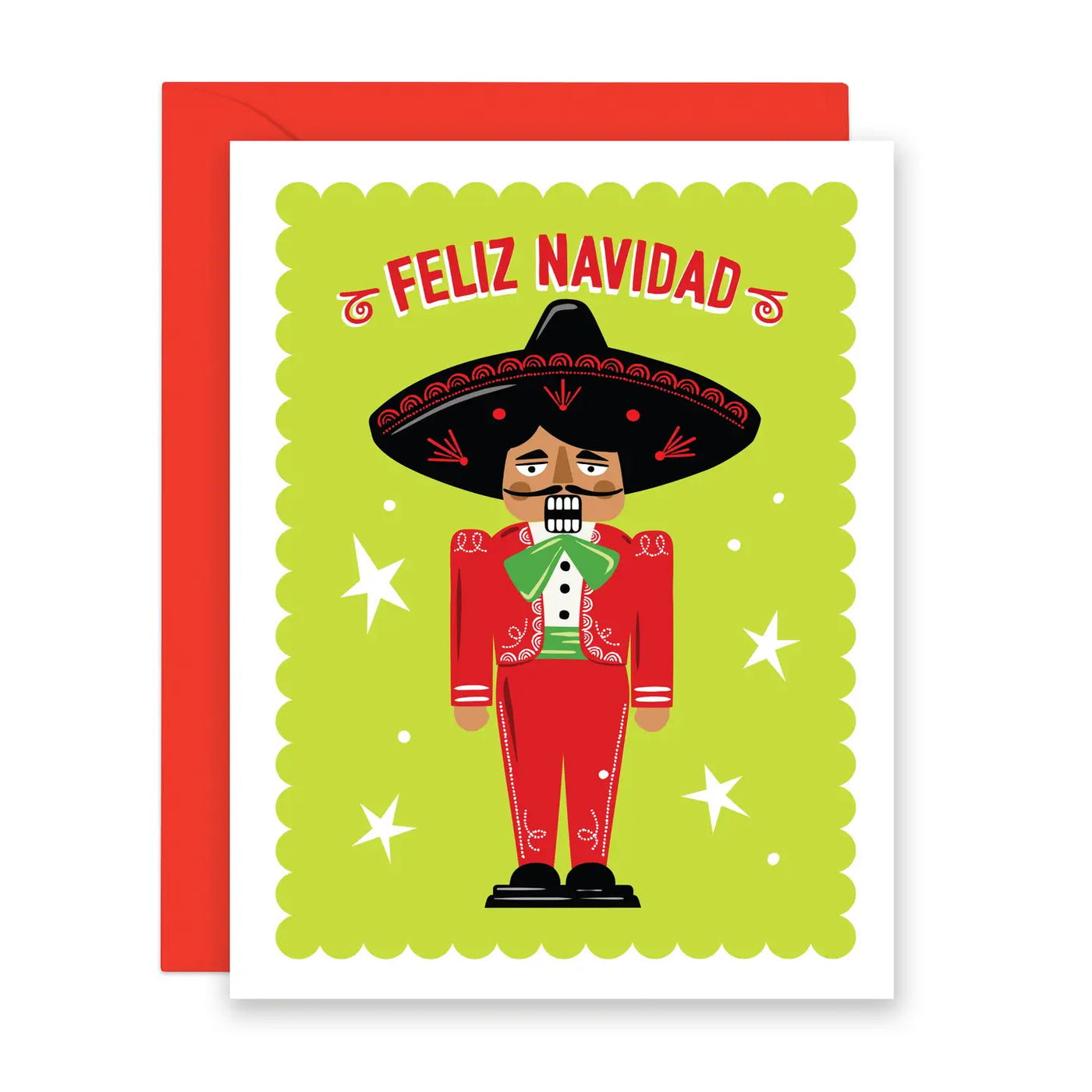 green card with white stars featuring a Mariachi Nutcracker wearing a red charro and the phrase Feliz Navidad in red lettering.