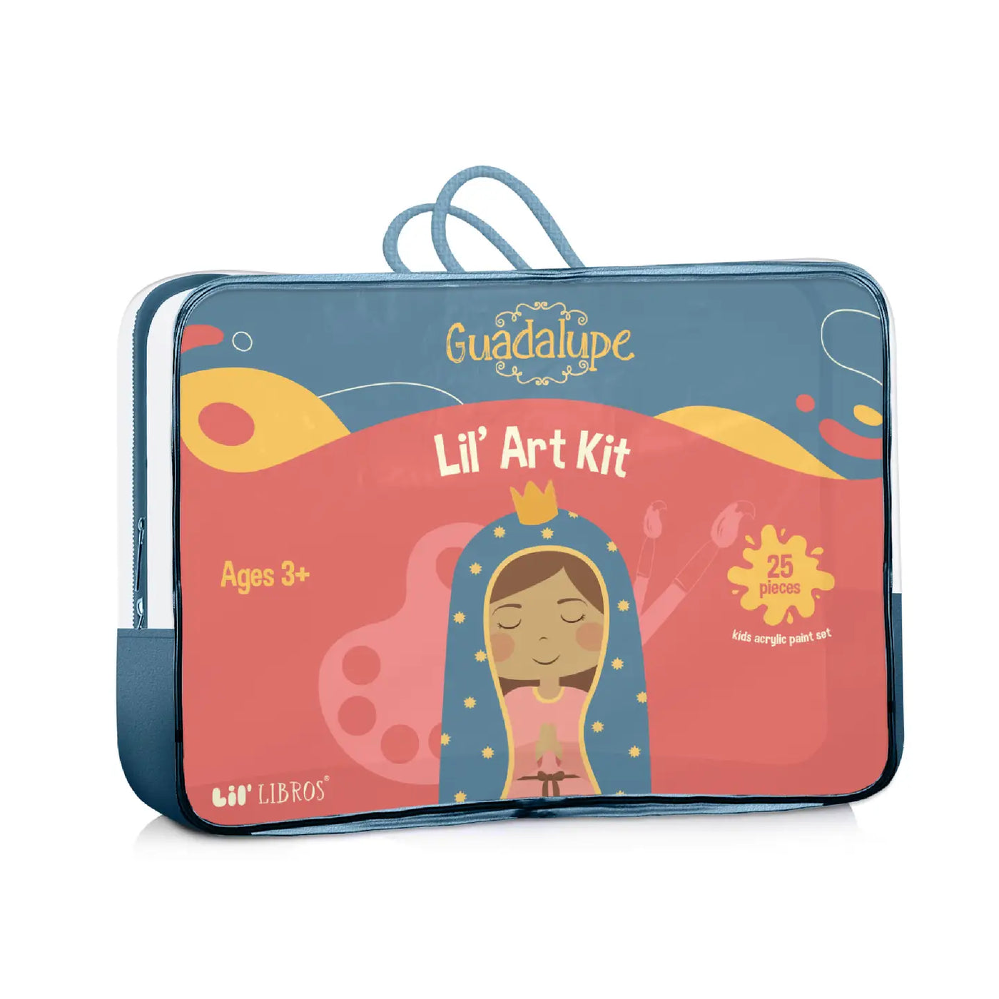 Lil' Guadalupe Art Kit for kids ages 3 and up, featuring 25 pieces. The carrying case shows an illustration of Our Lady of Guadalupe with colorful background elements, designed for creative and cultural expression.