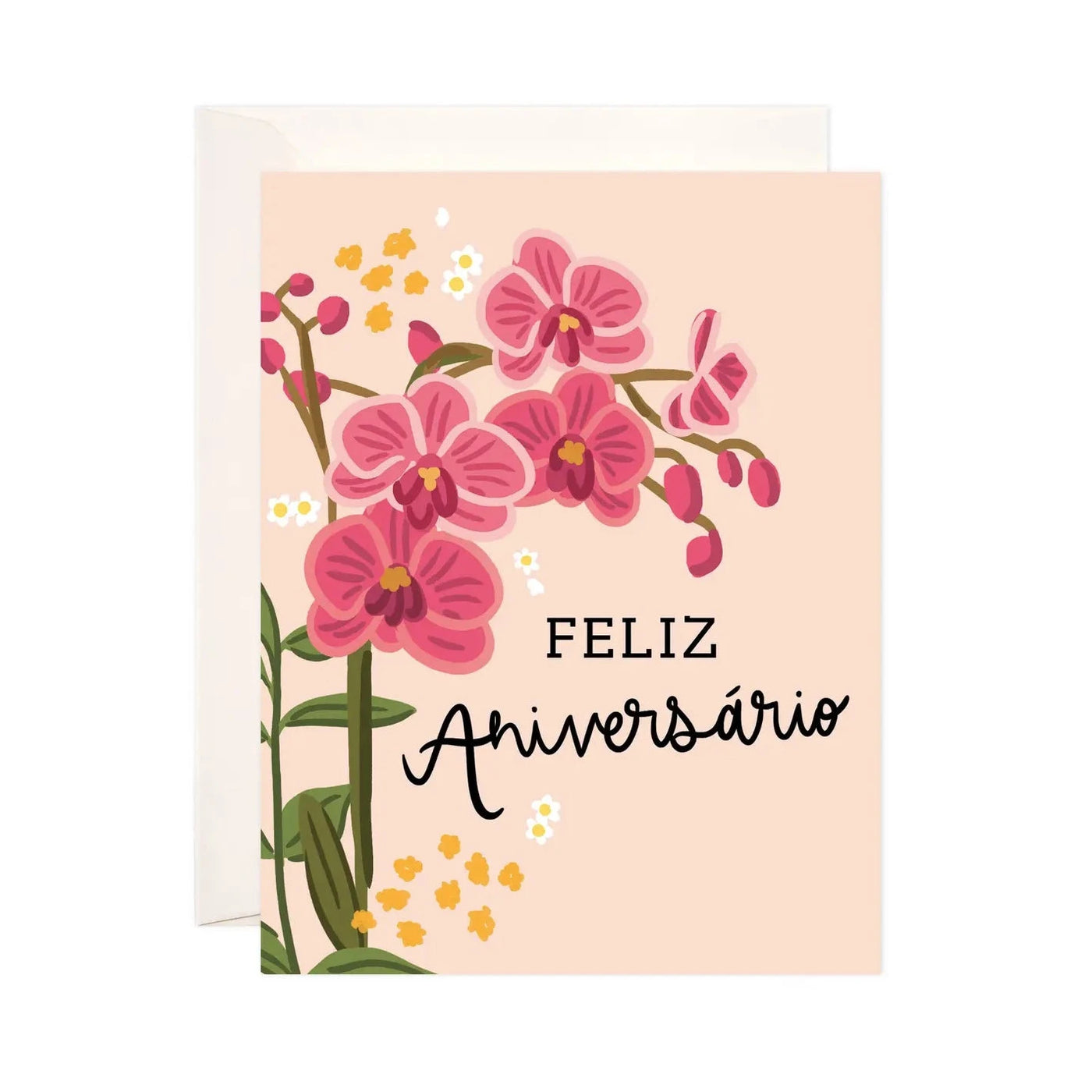 blush card with an illustration of pink orchids and the phrase Feliz Aniversário  in black lettering