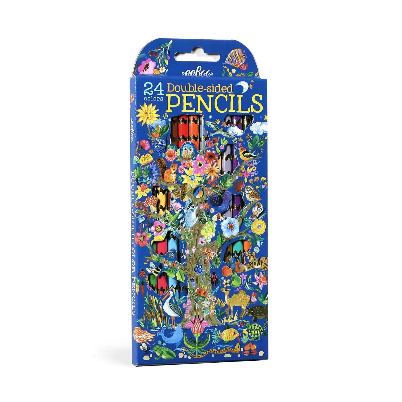 blue branded box of 12 double-sided colored pencils with the box featuring a tree with a variety of animals and foliage