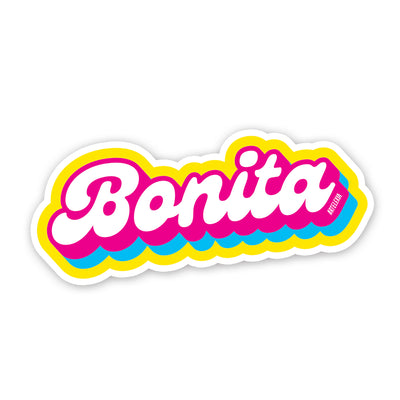 Bonita in white bubble lettering outlined in yellow, pink and blue