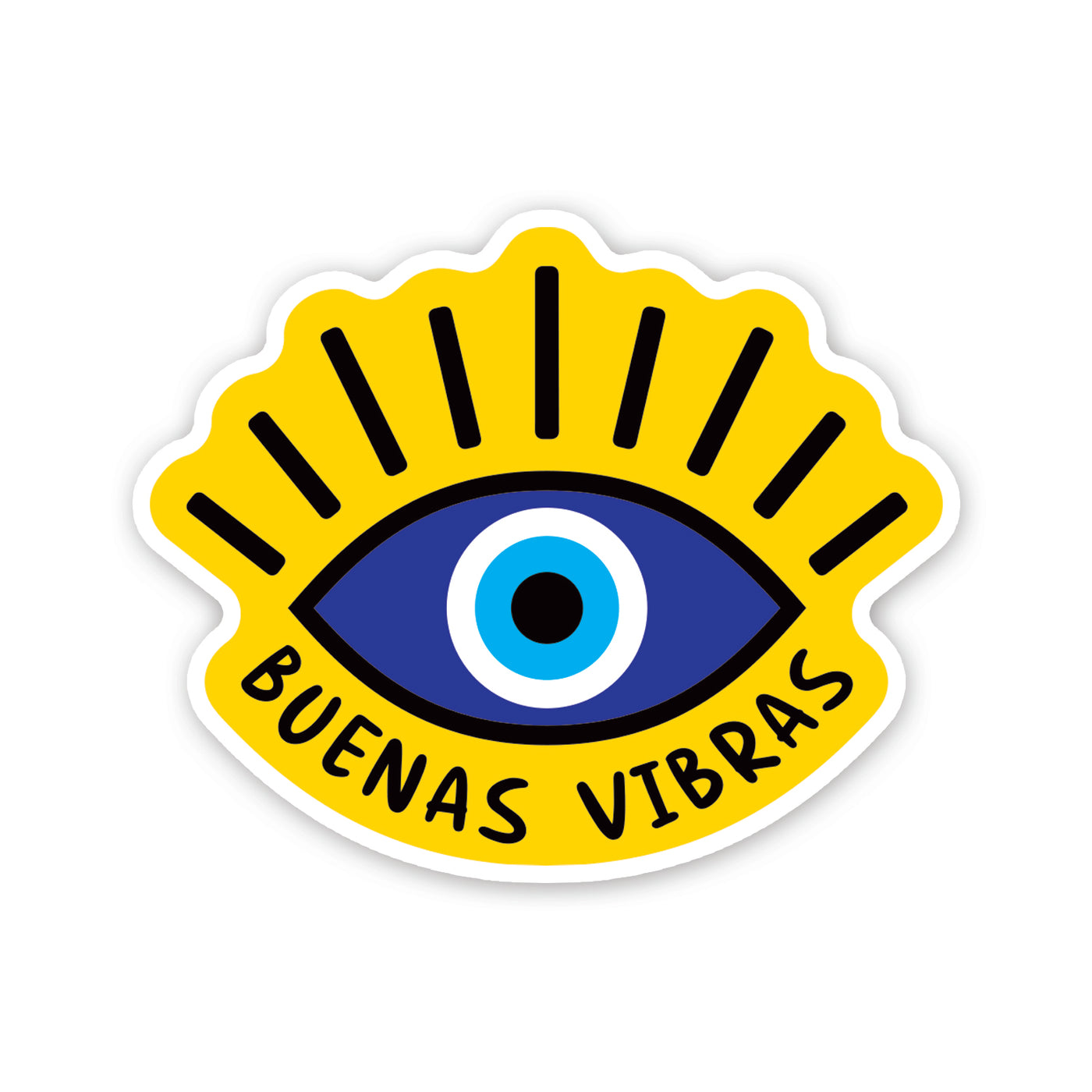 Yellow sticker with a blue and black eye with lashes and the phrase buenas vebras in black lettering