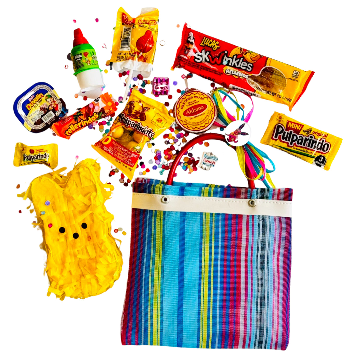Colorful Mexican mercado bag with candy and two pieces of candy and a yellow peep bunny pinata by the side of it