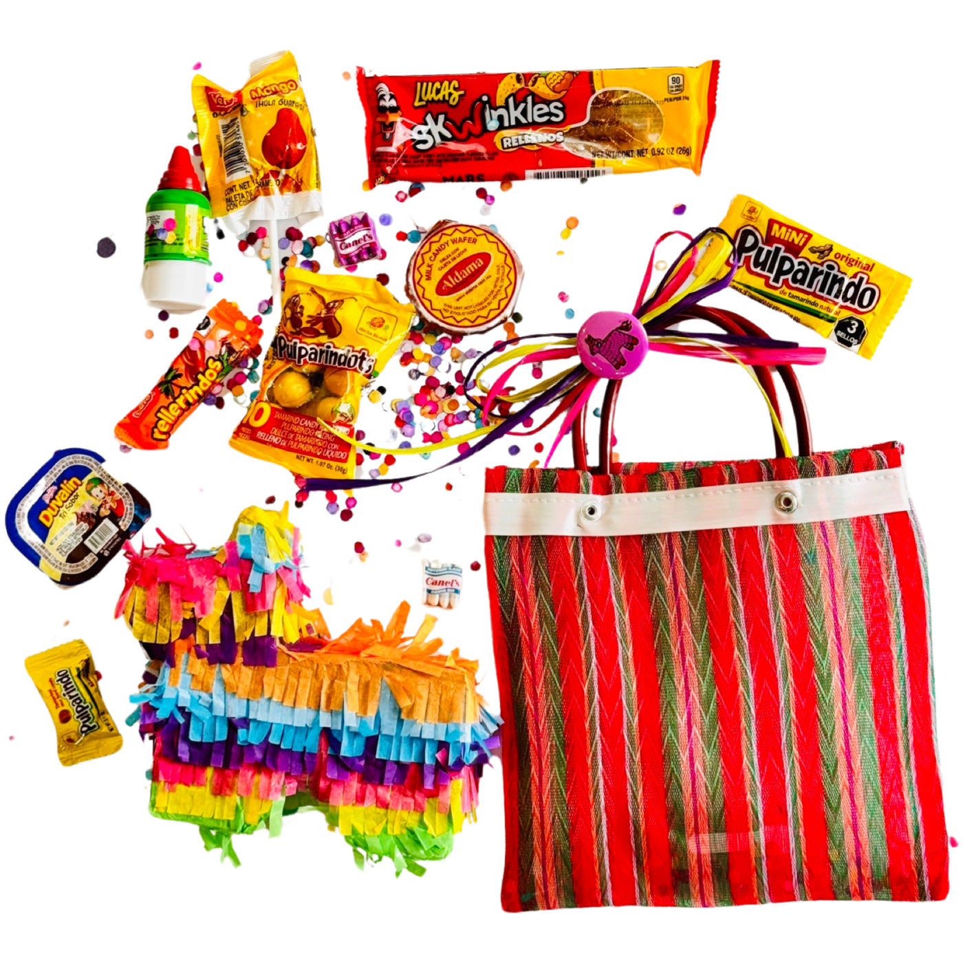 colorful Mexican mercado bag filled iwth candy, a coloful donkey piñata with three pieces of candy and confetti.