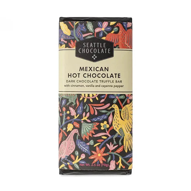 2.5 oz Mexican hot chocolate bar with an otomi inspired label.