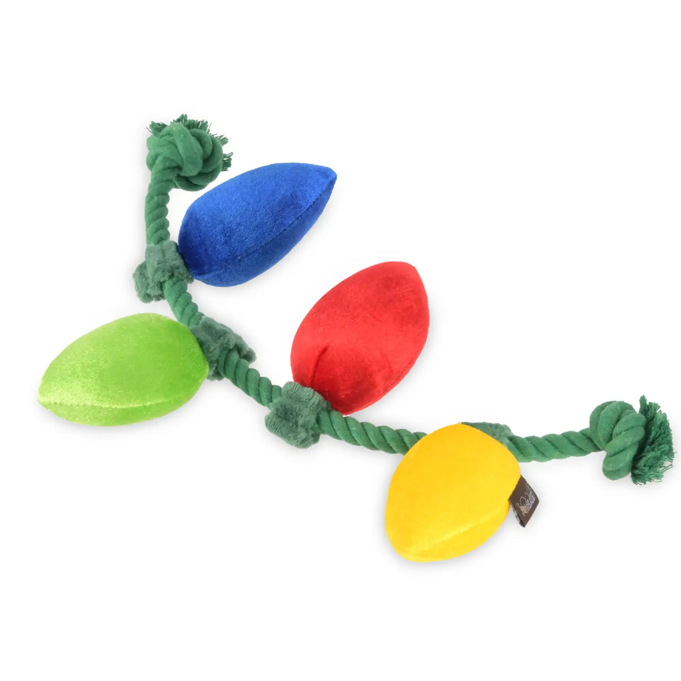 A dog toy designed as a string of holiday lights, featuring plush red, blue, yellow, and green bulbs attached to a sturdy green rope with knotted ends for tugging and chewing.