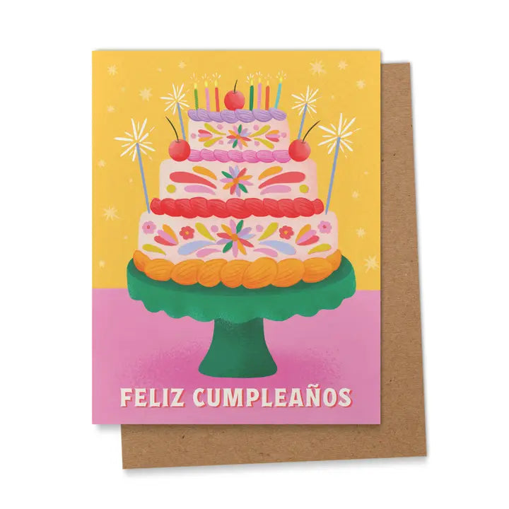 Greeting card with a tall decorated birthday cake topped with candles, cherries, and sparklers, with the words “Feliz Cumpleaños” in white letters.