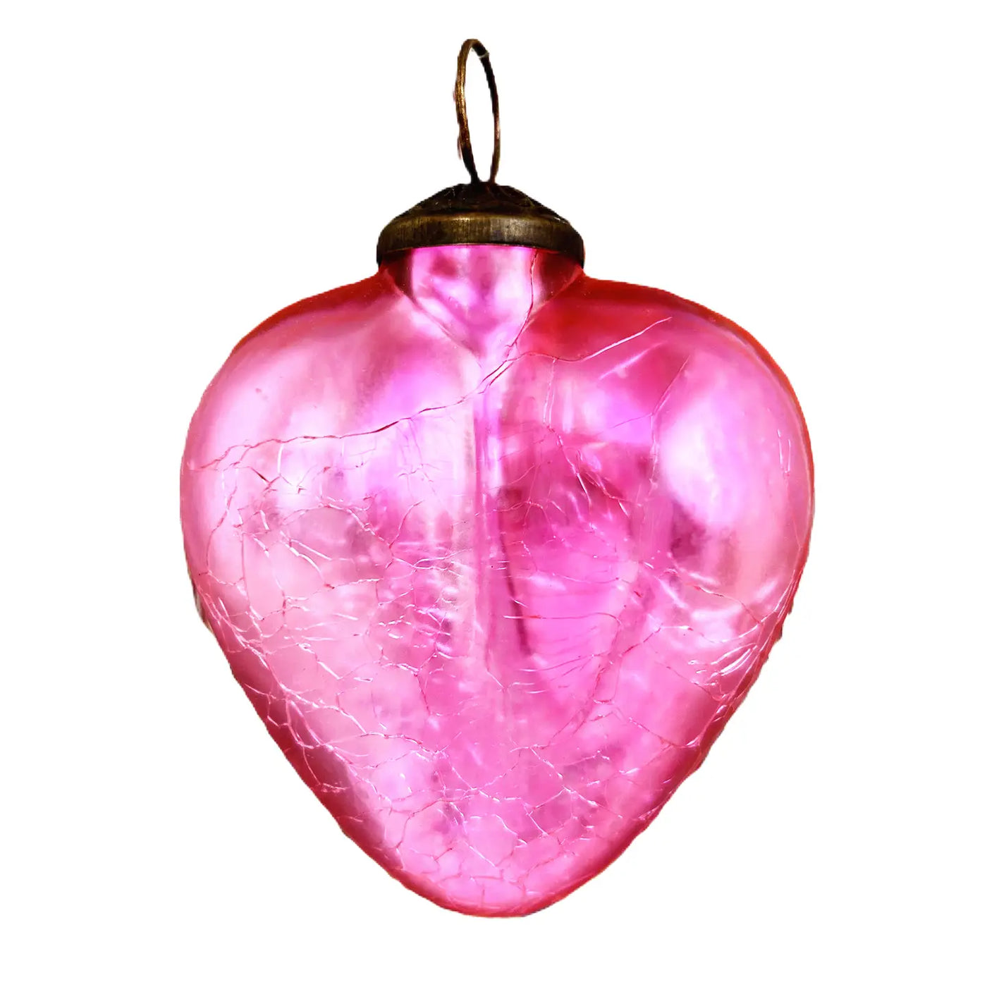 Handmade pink heart ornament with a matte finish and a brass loop for hanging.