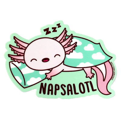  cute vinyl sticker featuring a cartoon axolotl sleeping on a cloud-patterned pillow with a cozy blanket. The text "Napsalotl" is written at the bottom.