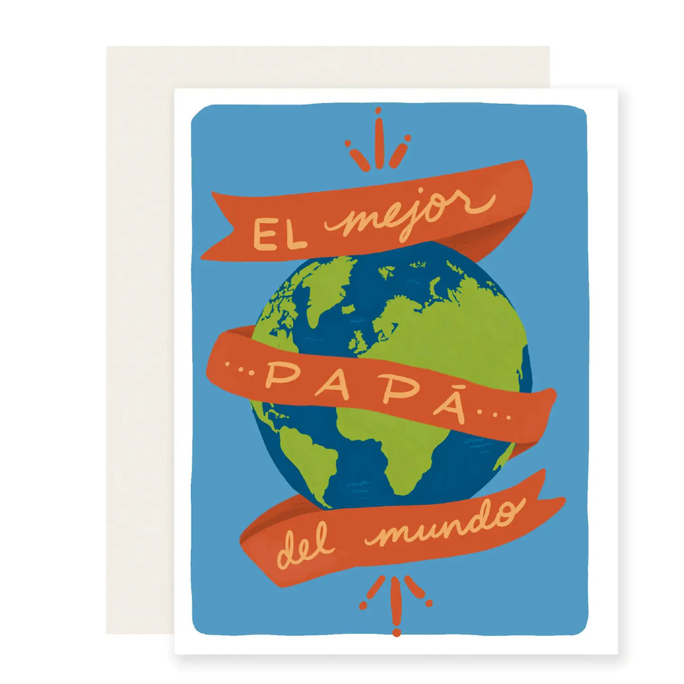Illustrated greeting card with the Earth and a red ribbon that says “El mejor papá del mundo” on a blue background.