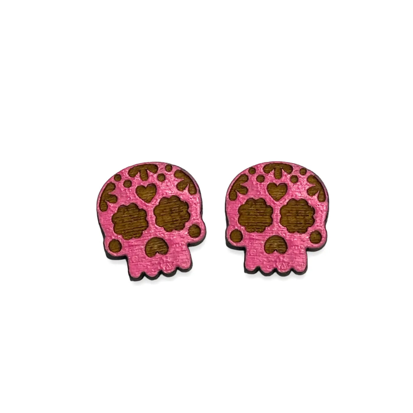 set of pink wooden sugar skull earrings