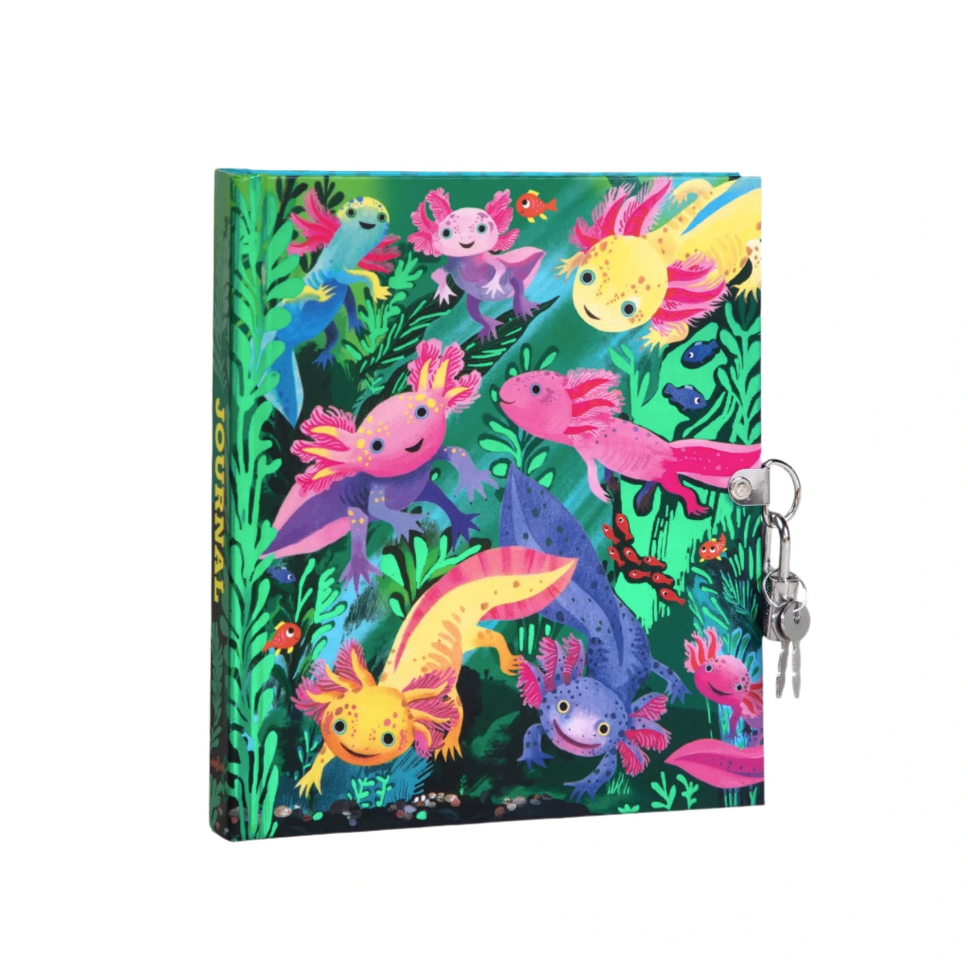 A lockable axolotl-themed journal featuring an illustration of pink, yellow, and blue axolotls swimming in an underwater scene with green plants and fish. The journal has a side lock with two silver keys attached.