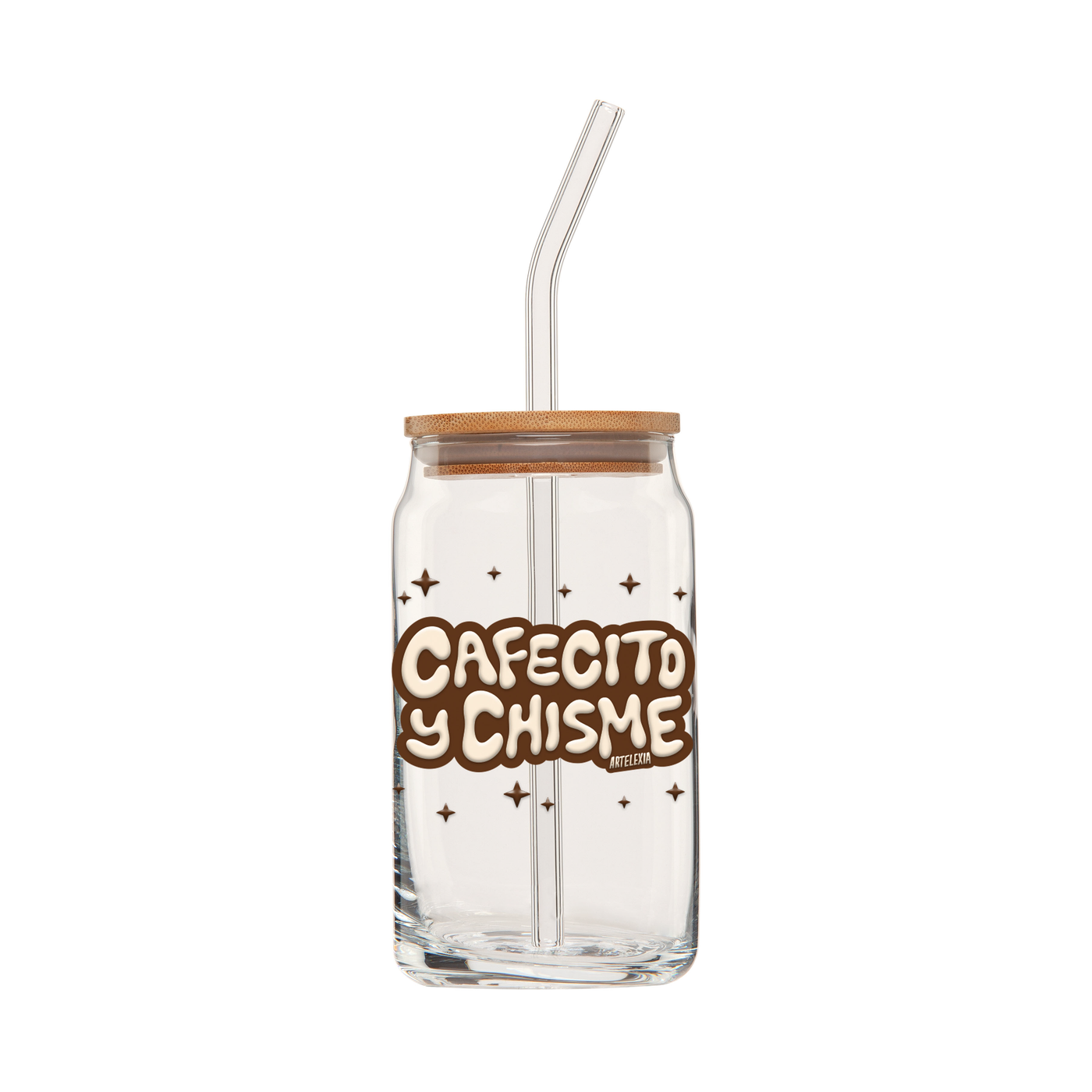 clear glass can with lid and straw featuring the phrase Cafectio y Chisme in cream lettering outlined in brown.