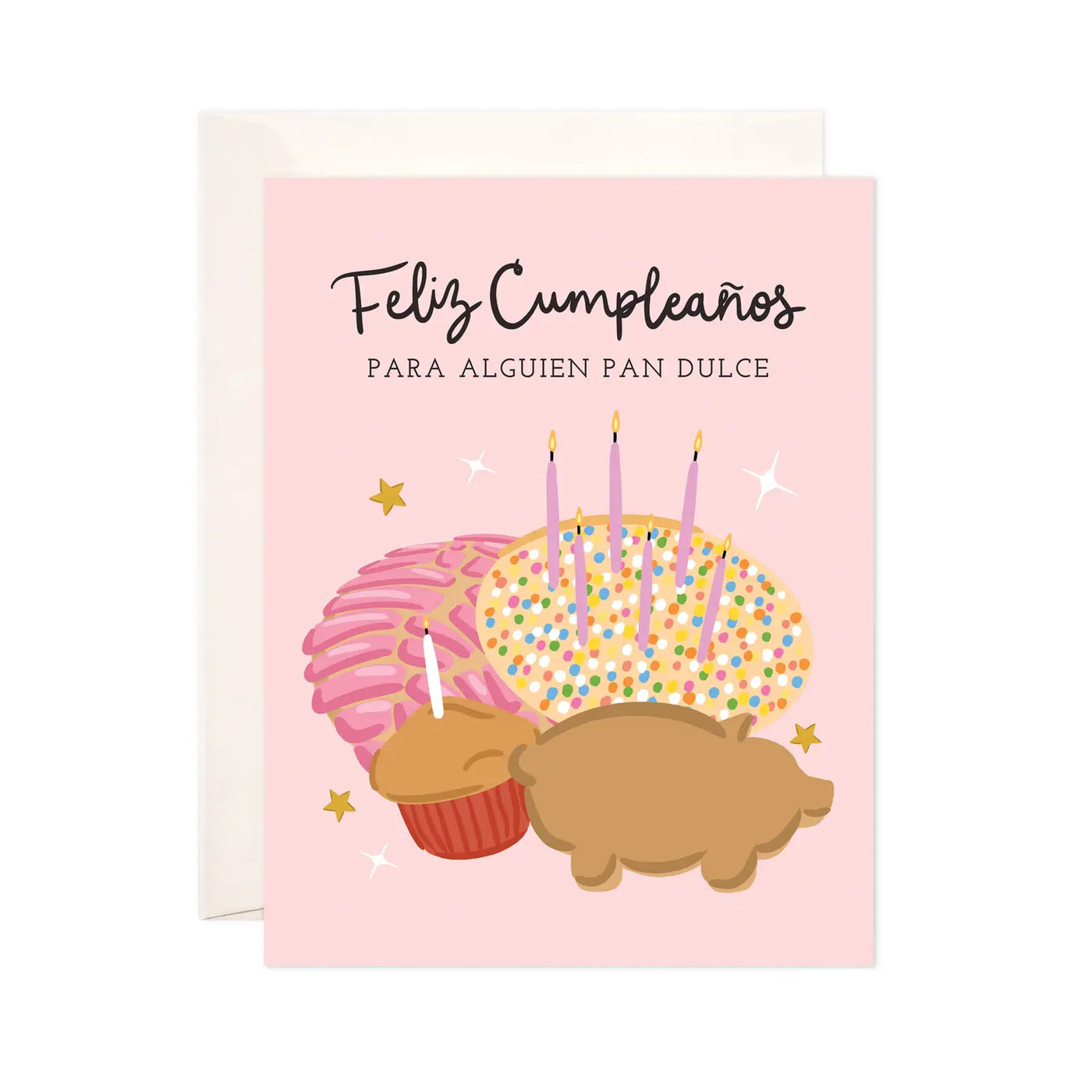 pink card with images of various Mexican pasteries and the phrase Feliz Cumpleanos para alguien pan Dulce