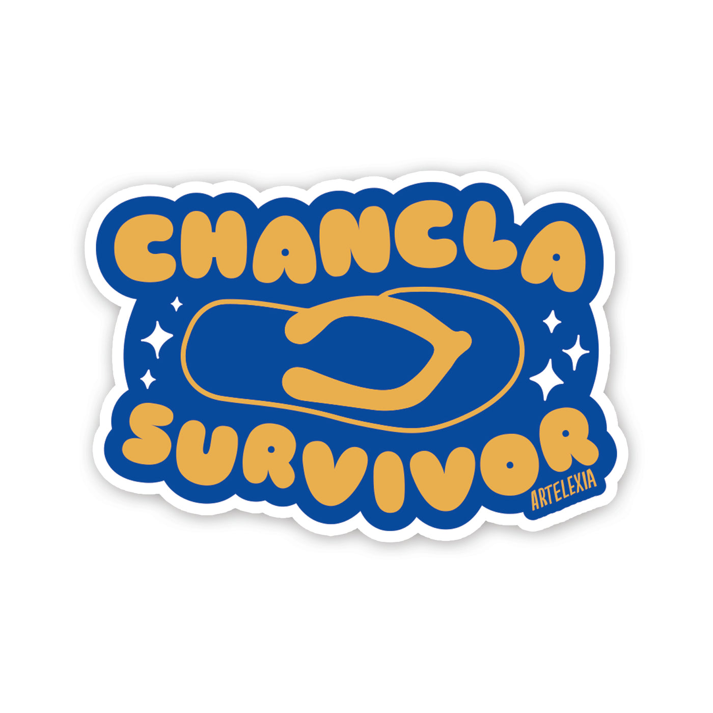 Sticker of a gold outlined flip-flop with the phrase chancla survivor in orange lettering and a blue background