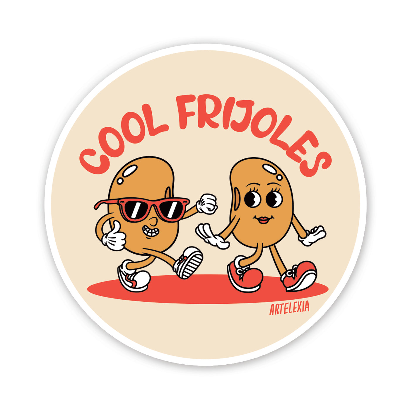 Beige round sticker with a pair of cartoon beans walking and the phrase Cool Frijoles above them in red lettering