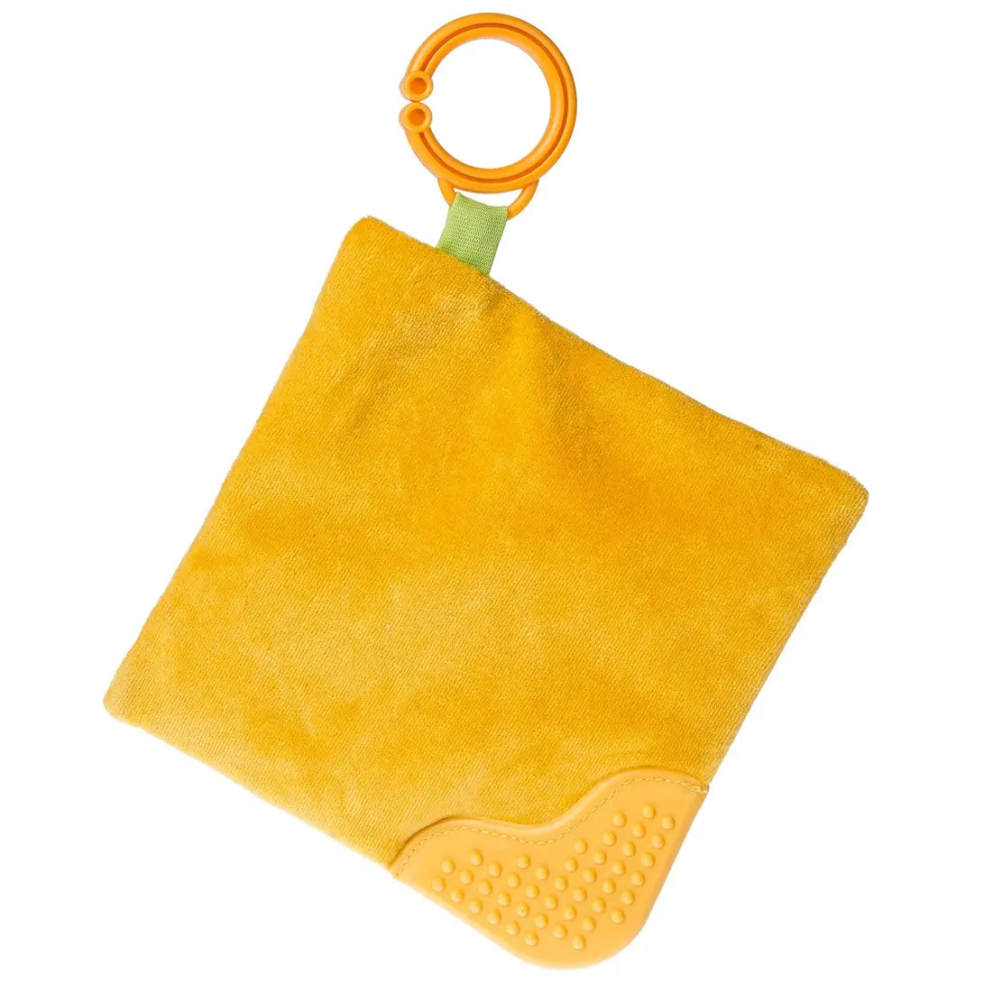 The back of a taco-themed baby teether featuring a soft yellow fabric square with a textured yellow silicone teething corner. An orange clip ring is attached to a green fabric loop for easy attachment to strollers or diaper bags.