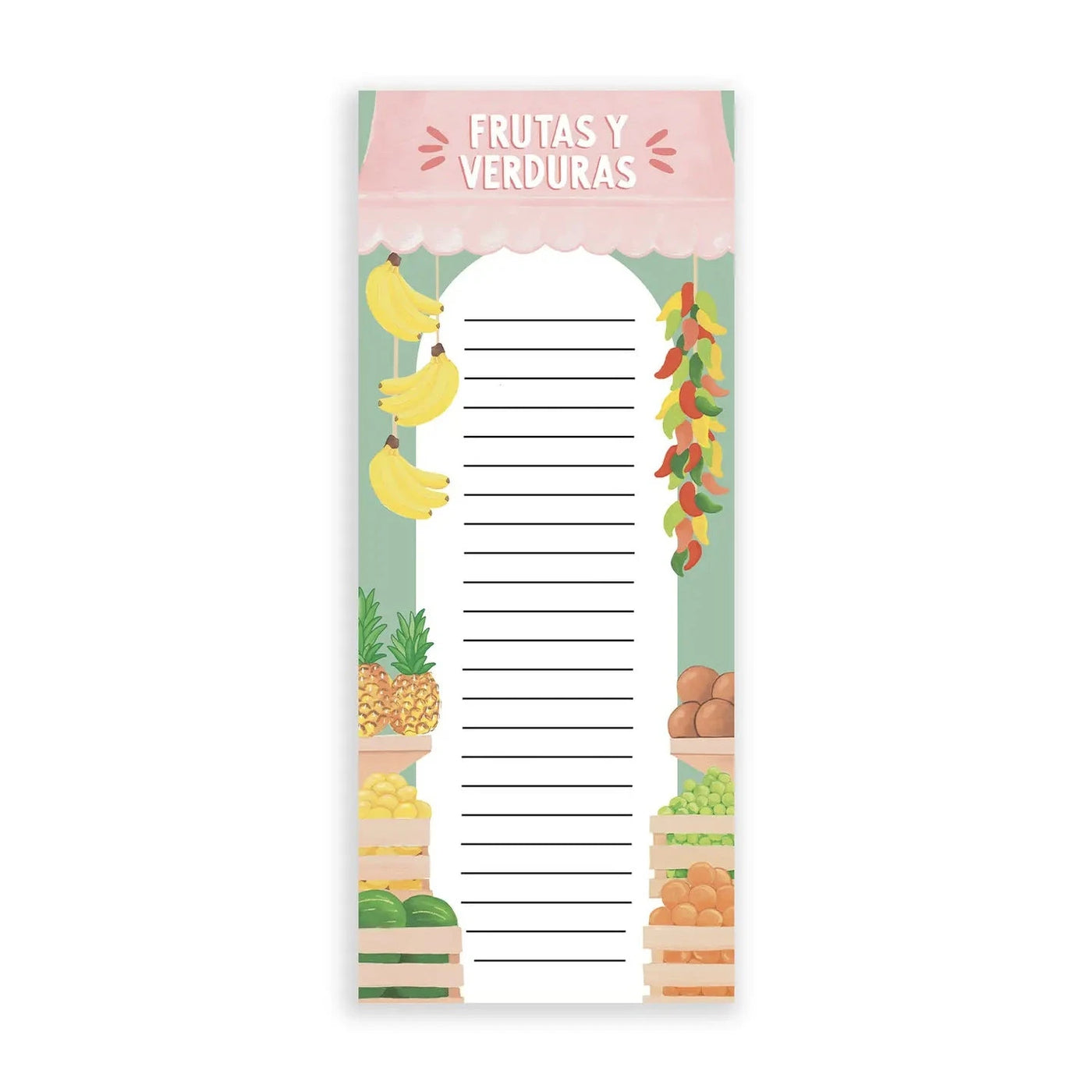 teal notepad with coloful fruit and a pink awning featuring the phrase Frutas y Verduras in white and pink lettering.