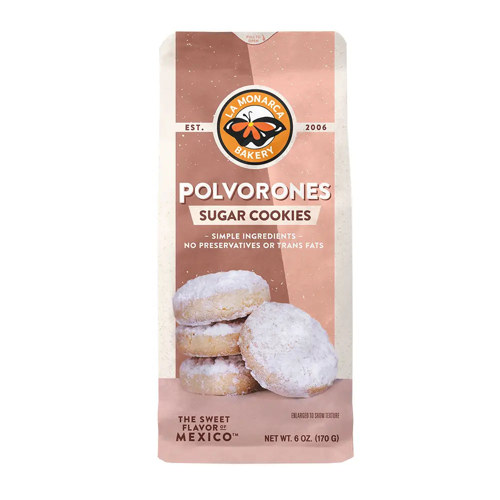 6 oz branded pouch of Polvorones, sugar cookies, with images of the polvorones and a monarch butterfly