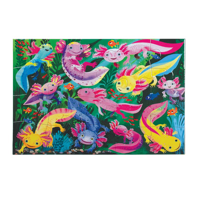 A colorful 20-piece Axolotl puzzle featuring an illustration of pink, blue, and yellow axolotls swimming among green plants and small fish. 