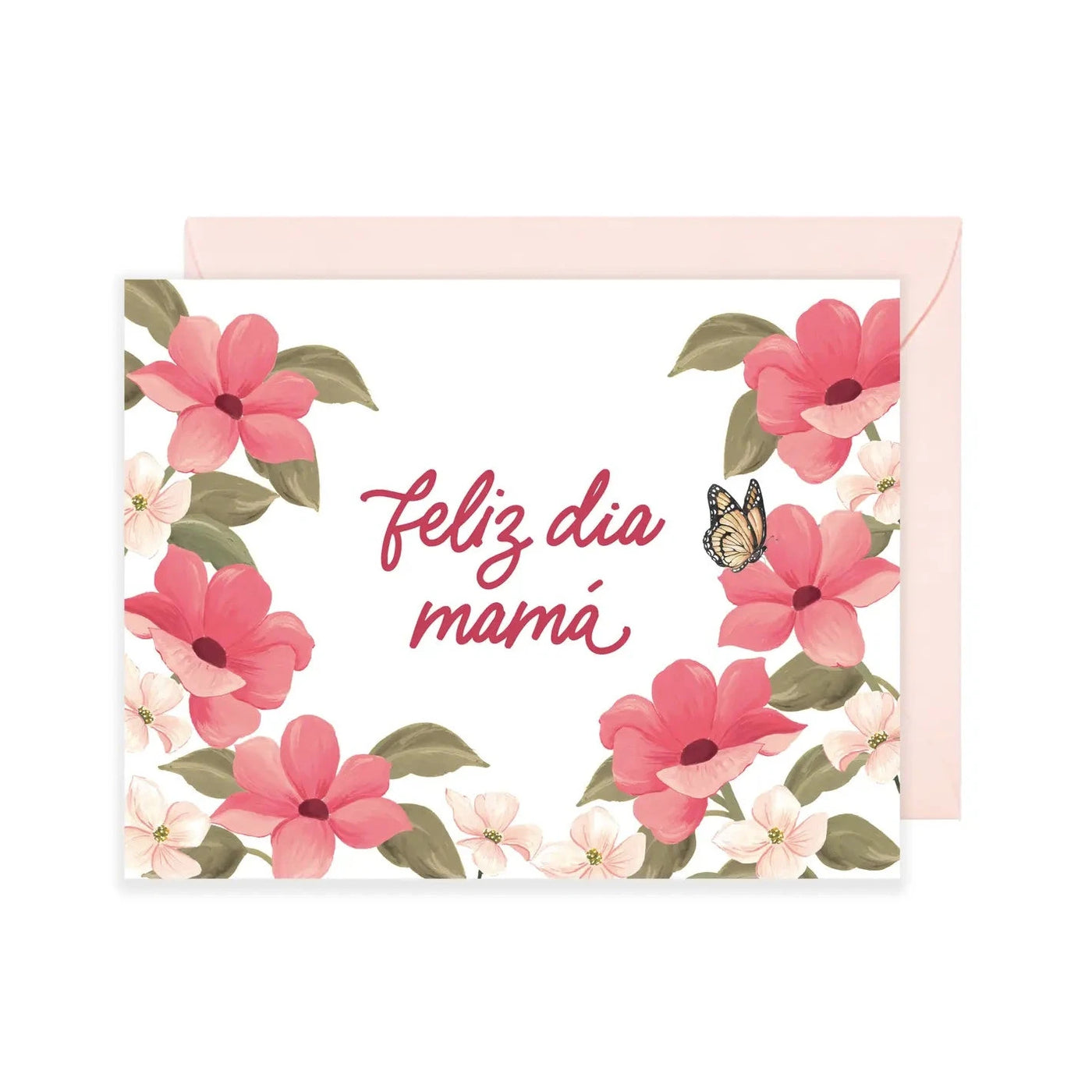 white card with pink flowers and the phrase Feliz Dia Mama in red lettering