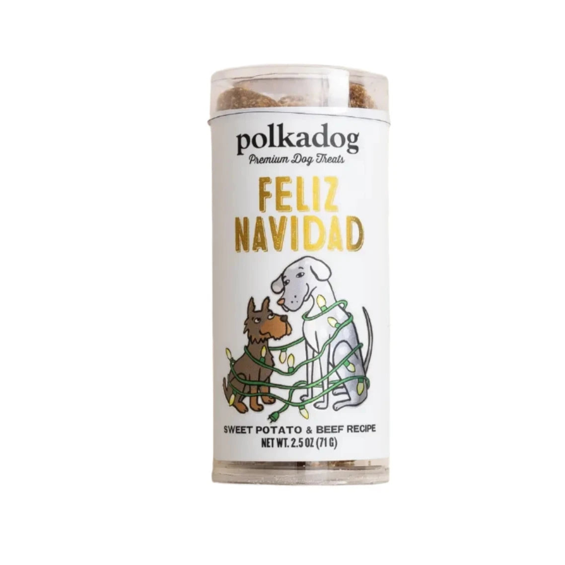 white 2.5 oz tube of dog treats with images of two dogs wrapped in Christmas lights and the phrase Feliz Navidad in Gold lettering.