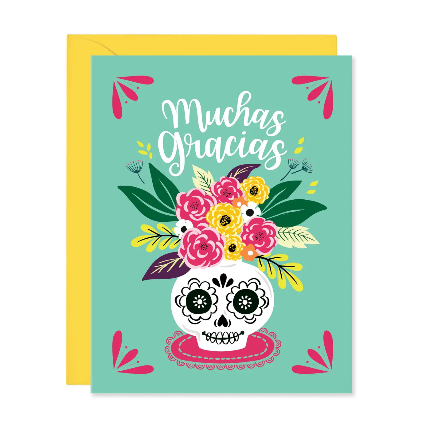 Teal card with an image of a white sugar skull and a multicolored floral head piece  featuring the phrase Muchas Gracias in white lettering.