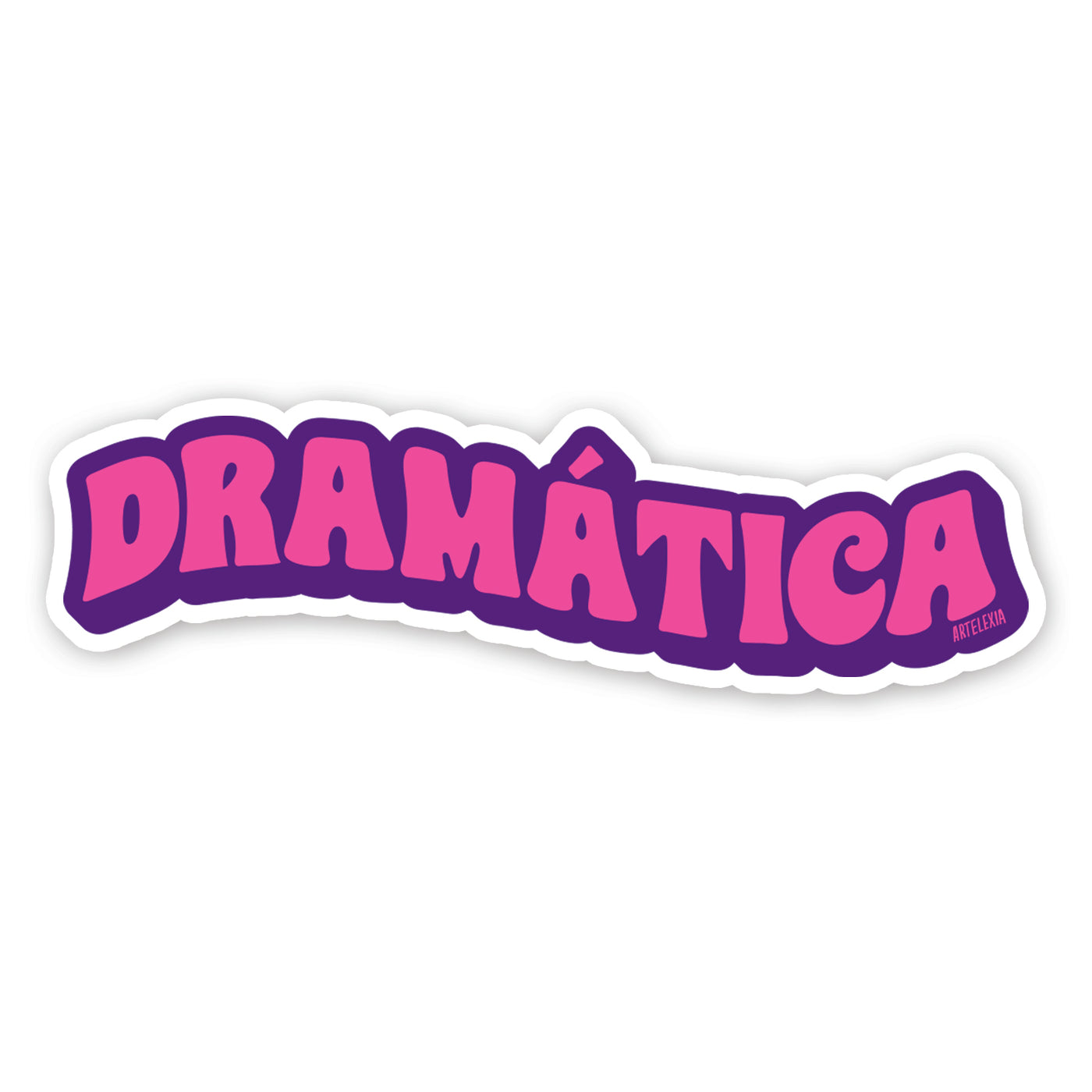 Sticker with the word Dramatica in hot pink and outlined in dark purple