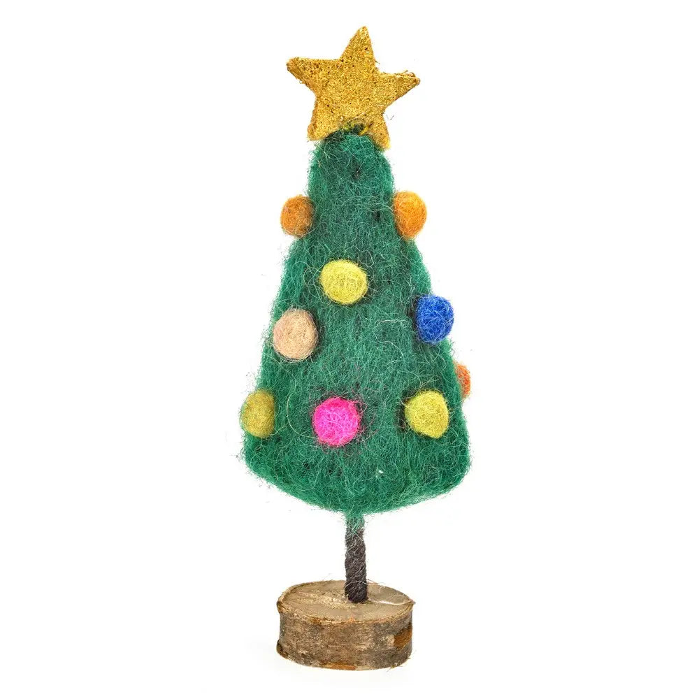 Felt Christmas tree with multi-colored felt balls and a gold star featuring a wooden stand