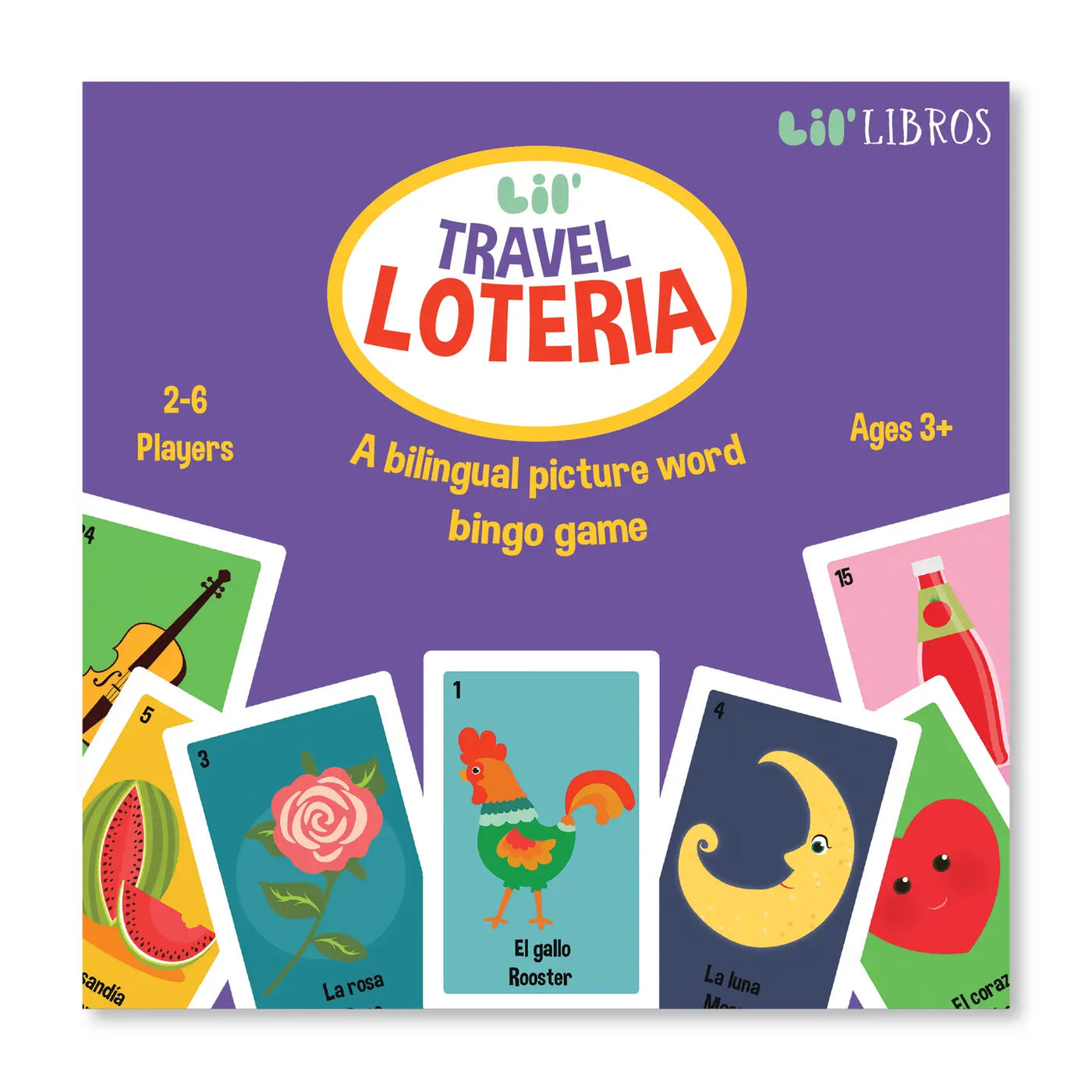 Lil' Travel Loteria bilingual picture word bingo game for ages 3 and up, designed for 2-6 players. The game box shows colorful Loteria cards featuring images like 'El gallo' (the rooster), 'La rosa' (the rose), and 'La luna' (the moon), introducing children to bilingual vocabulary.