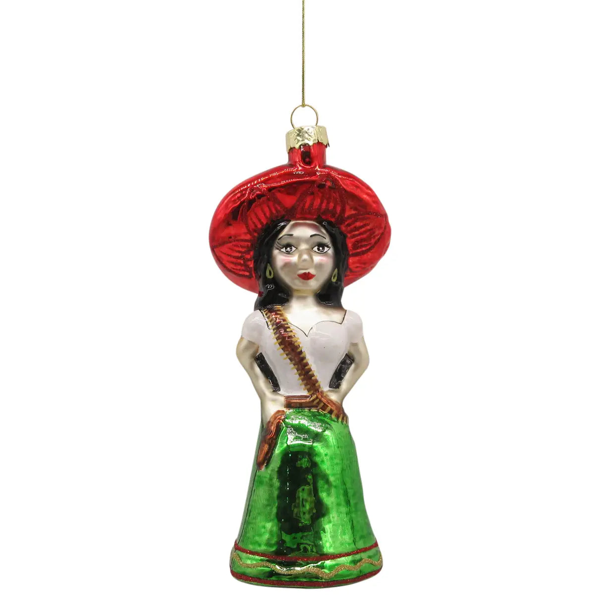 Glass señorita ornament that features a bright green skirt and red sombrero.