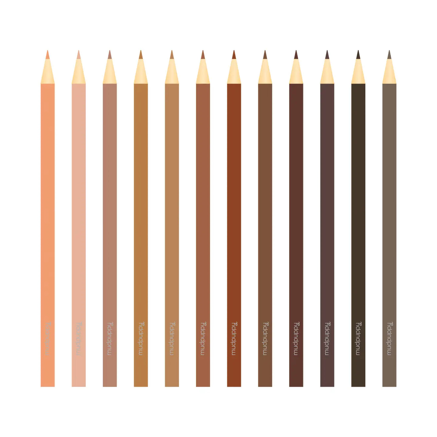 This image displays colored pencils  featuring 12 distinct shades representing a variety of skin tones.