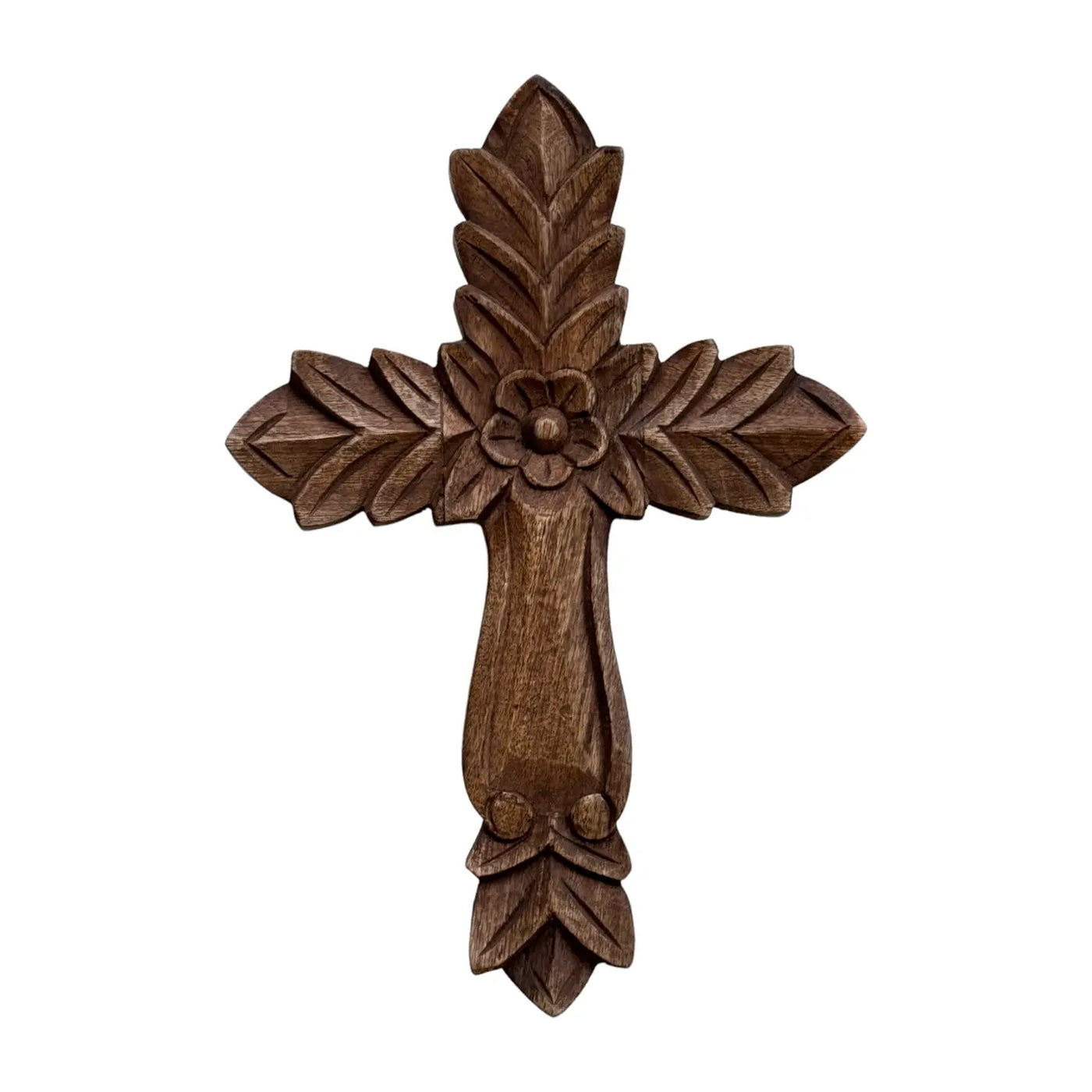 Wooden cross with a flower design.