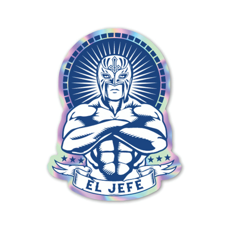 holographic sticker that features an image of a luchador with his arms crossed, the phrase EL Jefe in a banner all in blue.