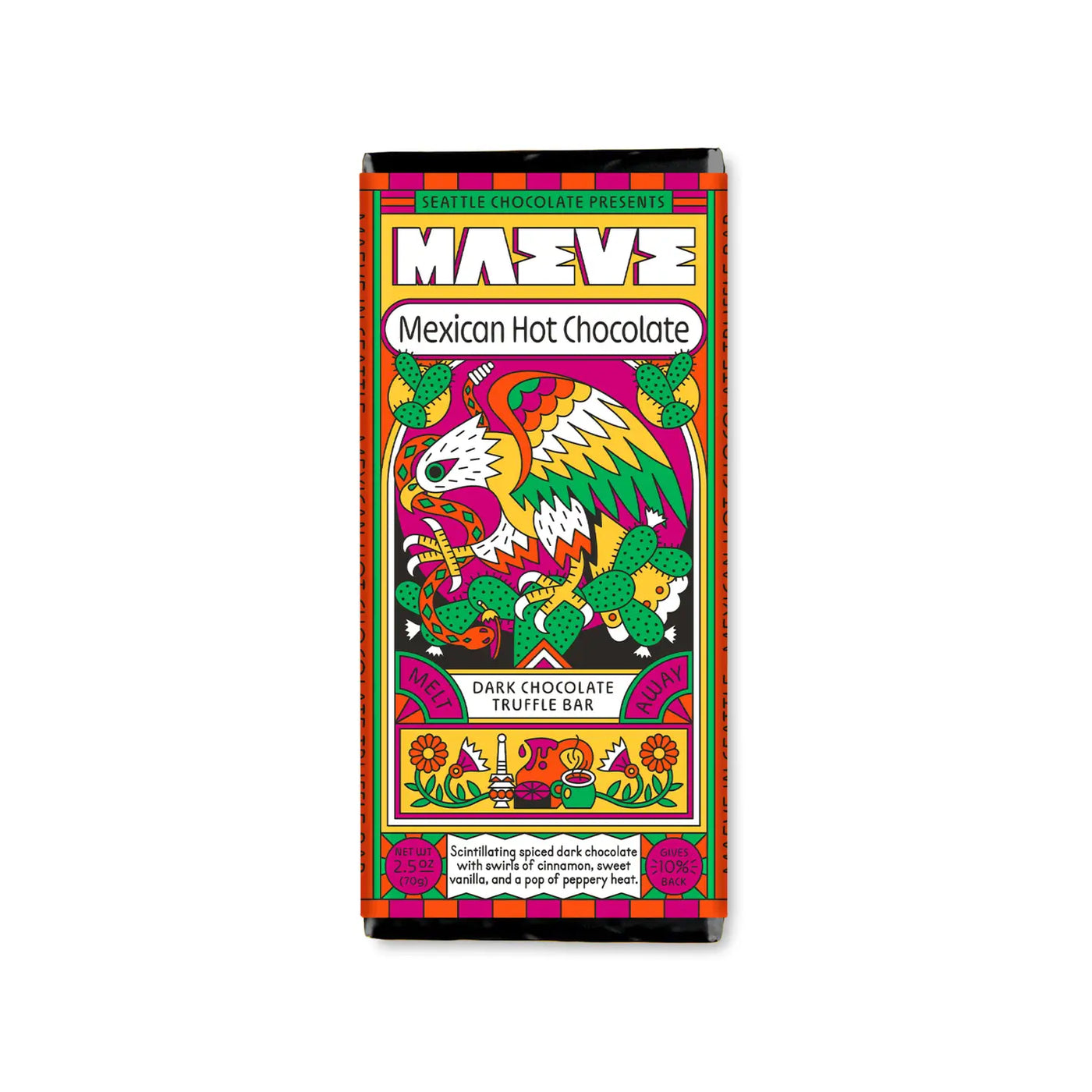 A Seattle Chocolate Maeve Mexican Hot Chocolate Truffle Bar in colorful packaging featuring an intricately designed eagle with traditional Mexican motifs, surrounded by cacti. The bar is described as spiced dark chocolate with cinnamon, vanilla, and a hint of heat, and the packaging notes that a portion of proceeds supports food banks.