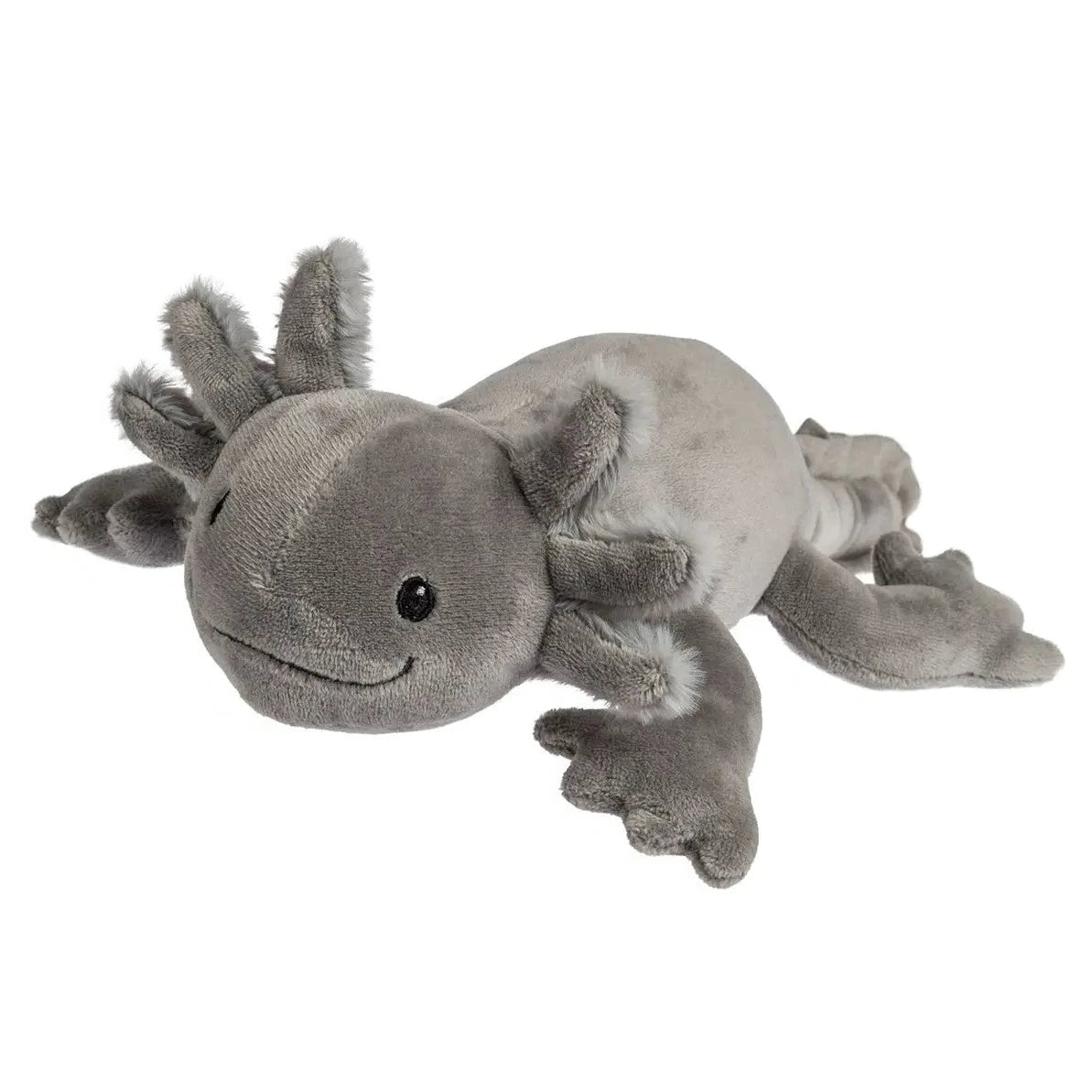 A soft gray axolotl plush toy with a friendly embroidered smile, black button eyes, and fluffy gill-like details on its head.