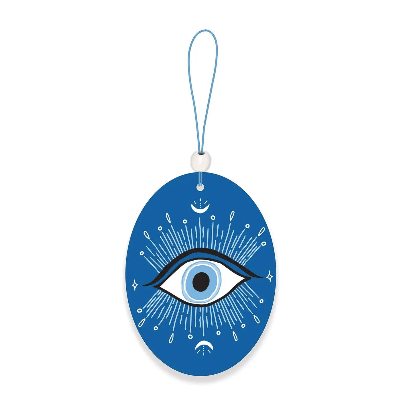 blue oval air freshener with a blue and white illustration of an eye