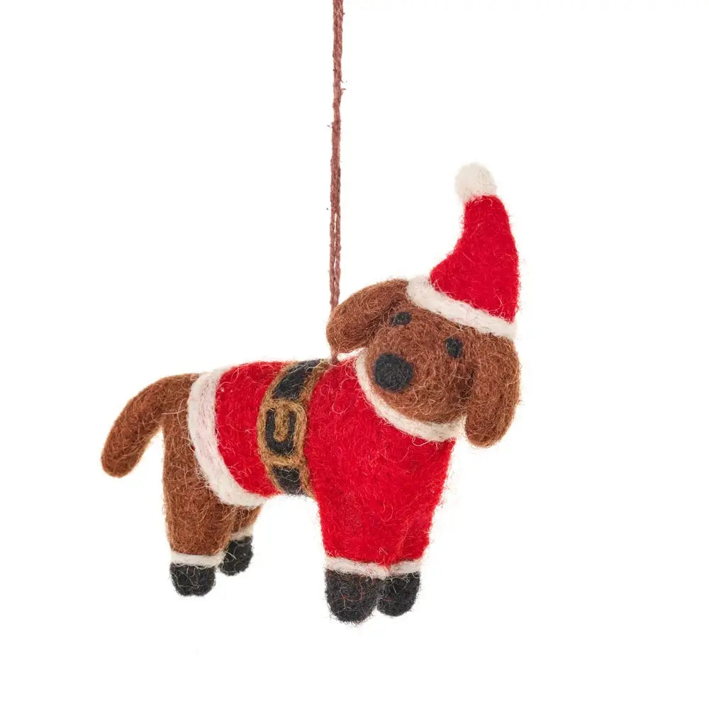 felt dog ornament wearing a santa suit