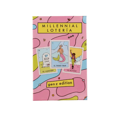 Millennial Lotería Gen Z Edition box with a playful pink background featuring colorful, modern Lotería cards such as "El Thirst Trap," "El Canceled," and "La Activist." The packaging includes fun, wavy patterns and highlights the Gen Z theme.