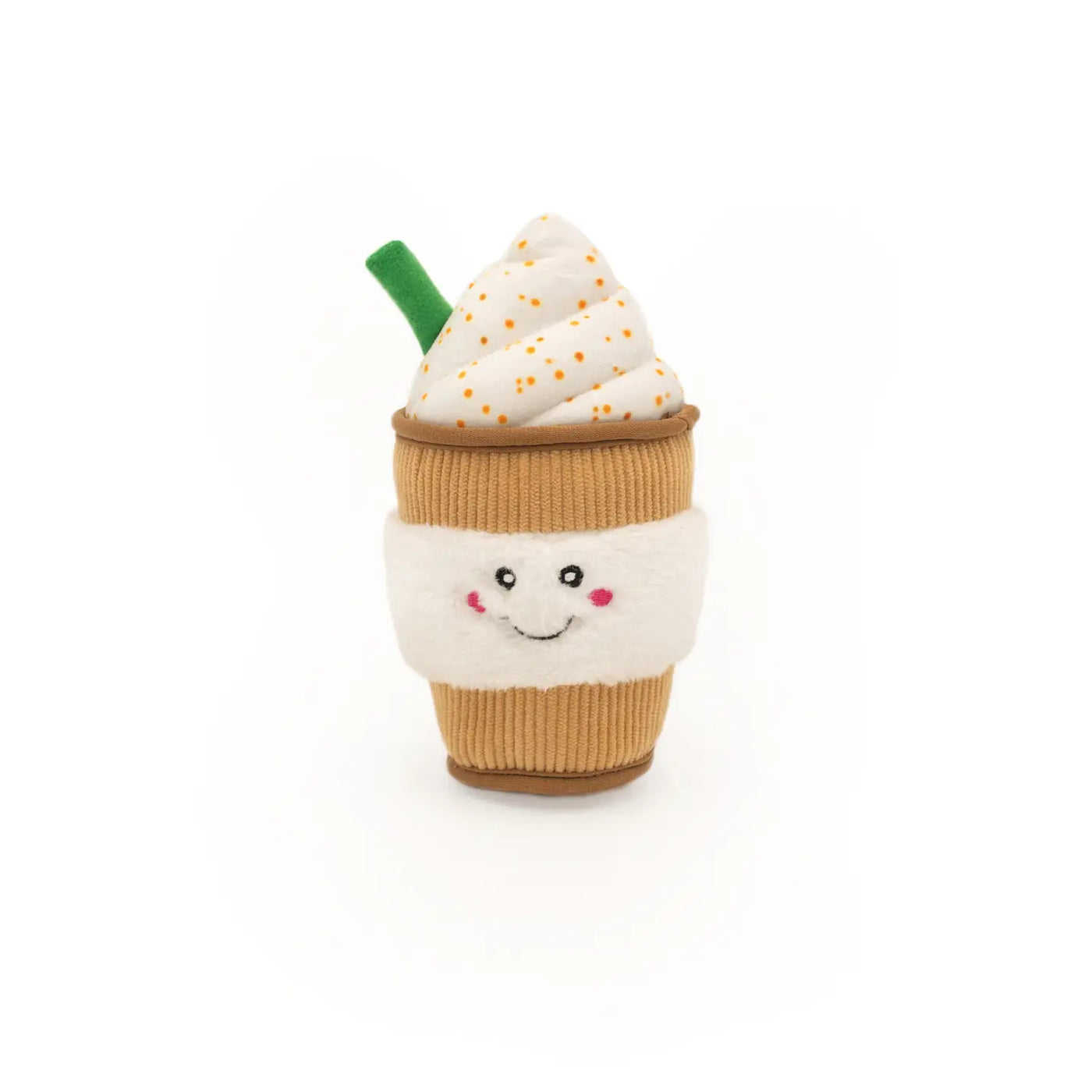 A Puppaccino plush dog toy designed as a fun coffee cup with a smiling face, fluffy white whipped cream top, and a green felt straw. 