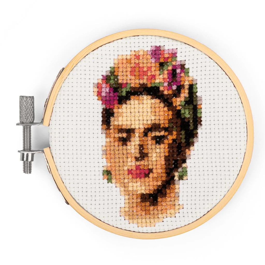 round embroidery kit with an image of Frida Kahlo