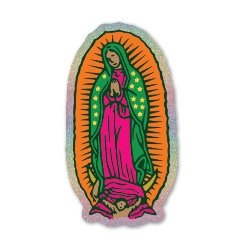 virgen of guadalupe with an iridescent glitter outline