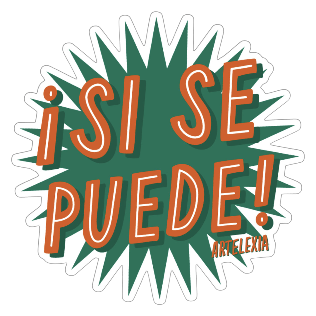 Green starburst with the phrase Si Se Puede in orange and white lettering